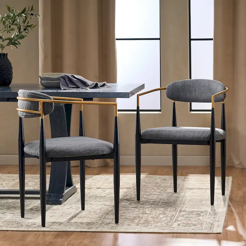 Chaises de salle à manger en fer forgé et tissu (deux chaises par lot).
