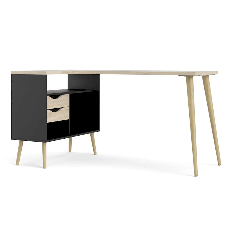 Bureau en L à trois niveaux et deux tiroirs
