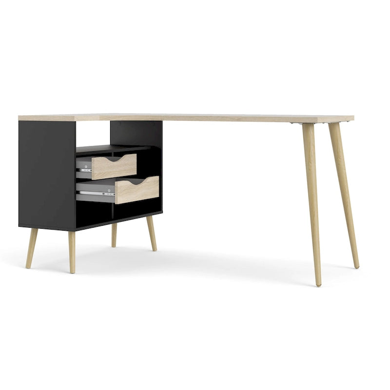 Bureau en L à trois niveaux et deux tiroirs
