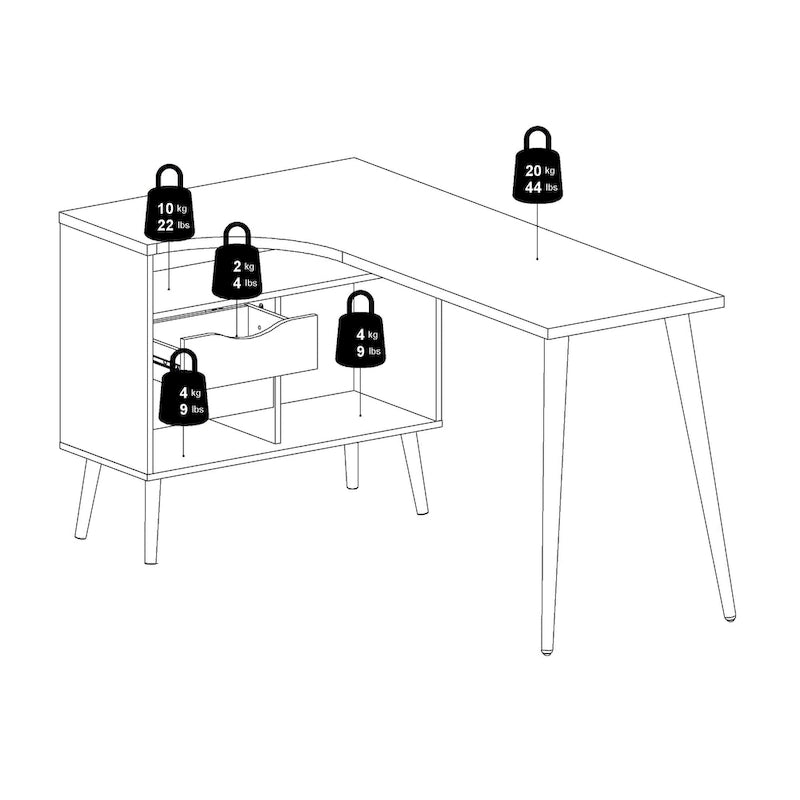 Bureau en L à trois niveaux et deux tiroirs