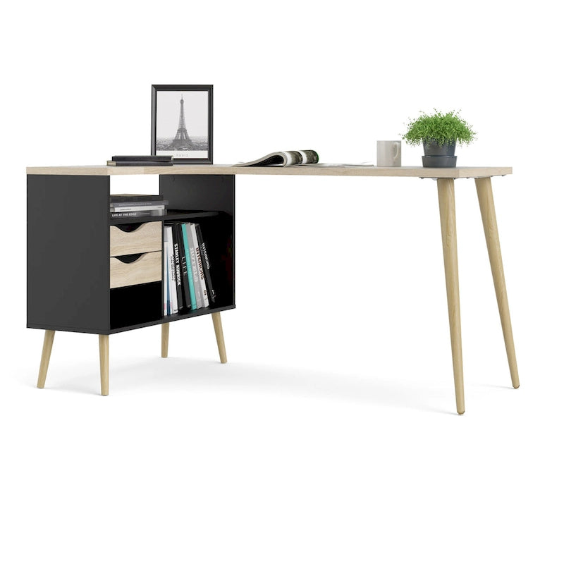 Bureau en L à trois niveaux et deux tiroirs