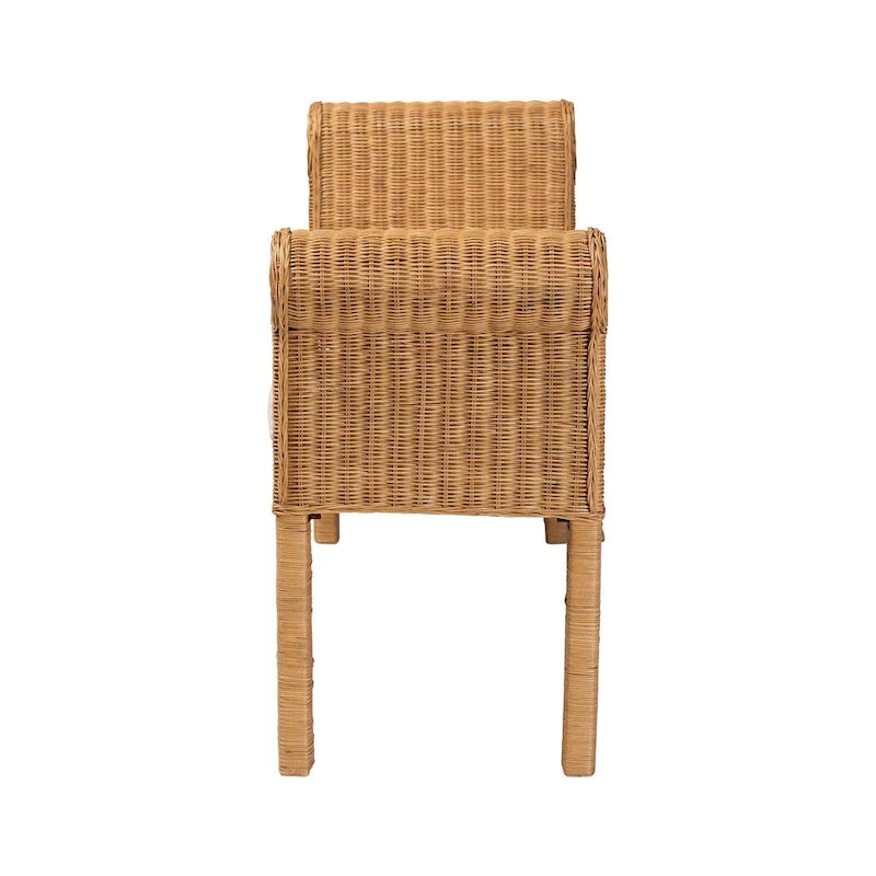 Banc en rotin naturel tressé à la main avec détails en éventail - style bohème et rustique, idéal pour une entrée, une chambre ou un salon.