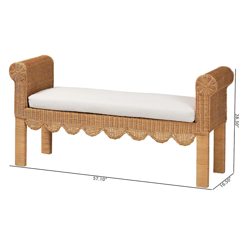 Banc en rotin naturel tressé à la main avec détails en éventail - style bohème et rustique, idéal pour une entrée, une chambre ou un salon.