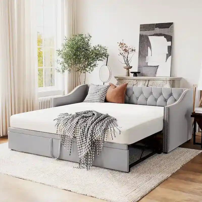 Lit de repos capitonné pour lit jumeau avec lit gigogne escamotable, gris