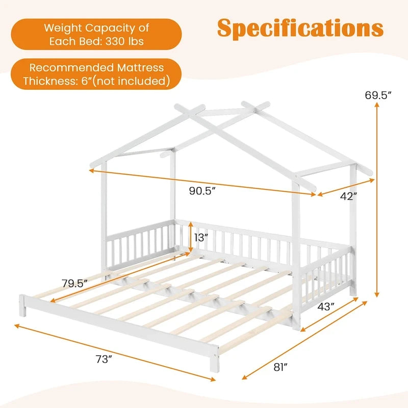 Le lit cabane en bois peut être transformé d'un lit simple en un canapé-lit king-size, avec des barrières de sécurité et des éléments décoratifs.