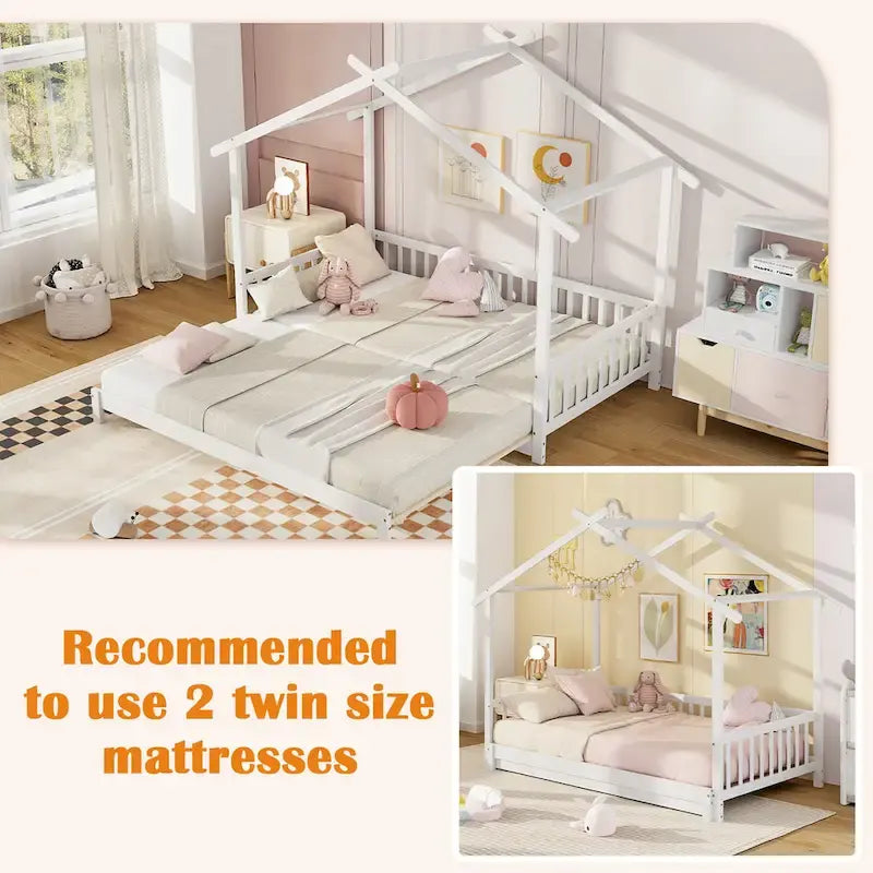 Le lit cabane en bois peut être transformé d'un lit simple en un canapé-lit king-size, avec des barrières de sécurité et des éléments décoratifs.