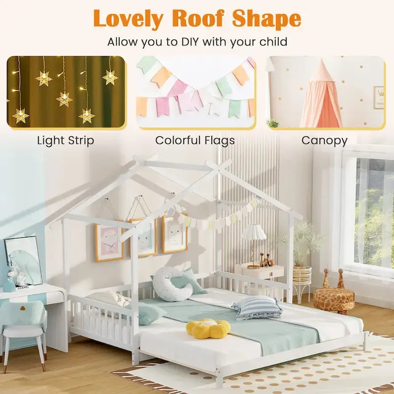 Le lit cabane en bois peut être transformé d'un lit simple en un canapé-lit king-size, avec des barrières de sécurité et des éléments décoratifs.