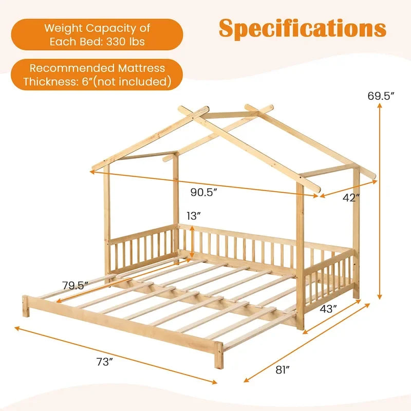 Le lit cabane en bois peut être transformé d'un lit simple en un canapé-lit king-size, avec des barrières de sécurité et des éléments décoratifs.