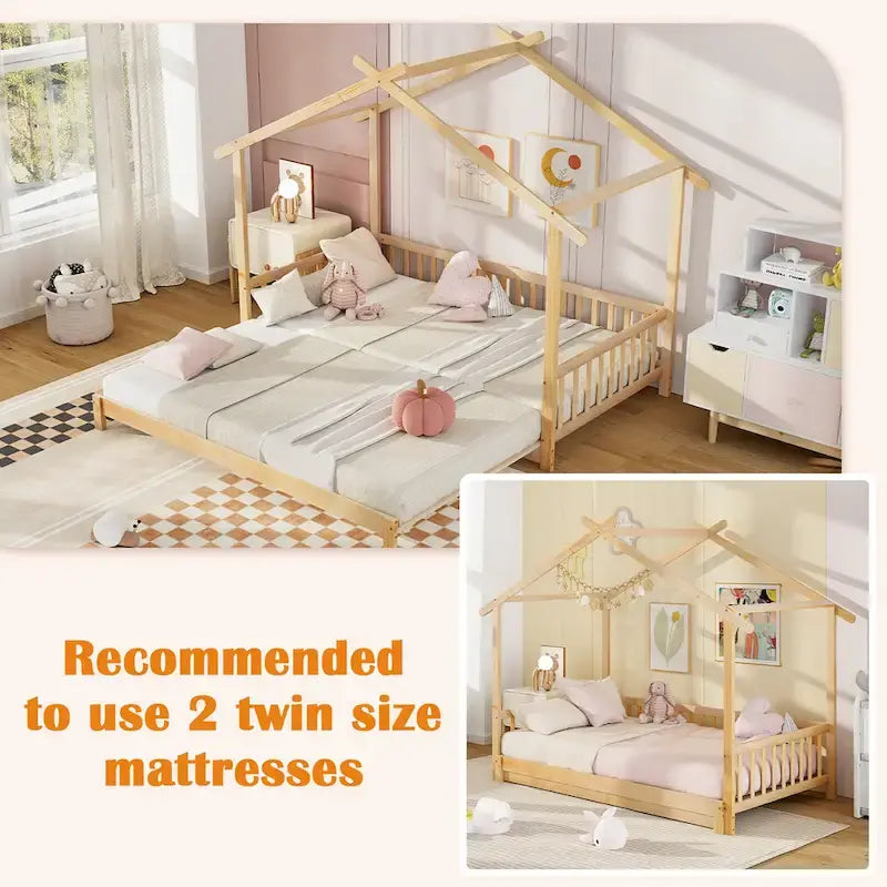 Le lit cabane en bois peut être transformé d'un lit simple en un canapé-lit king-size, avec des barrières de sécurité et des éléments décoratifs.