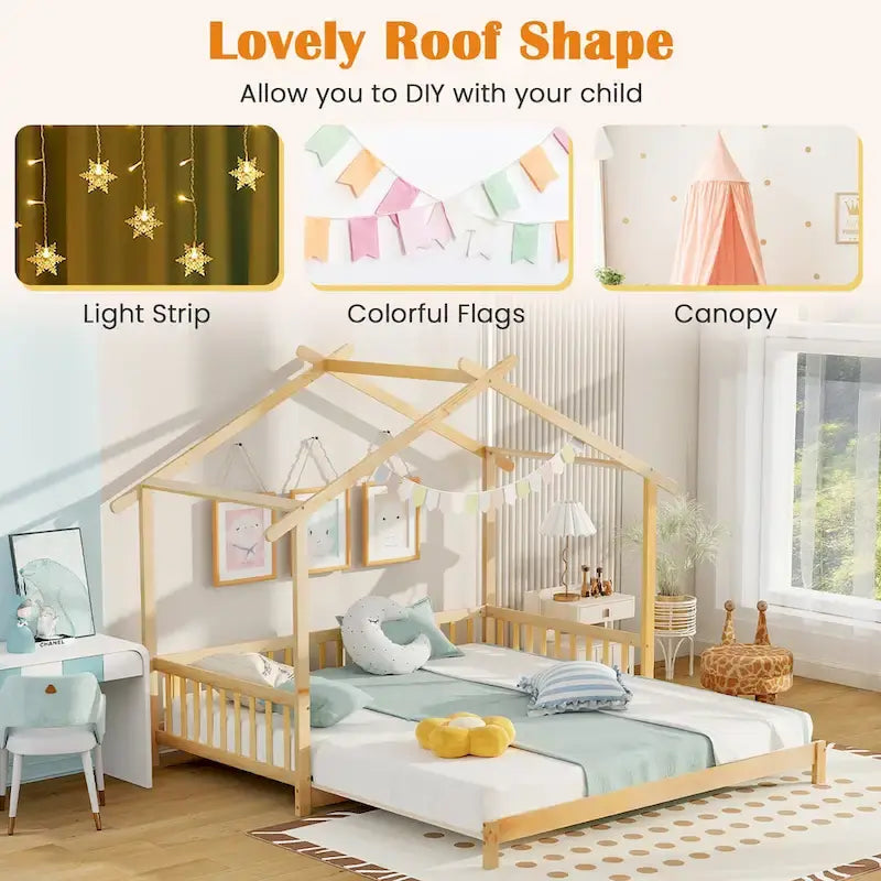 Le lit cabane en bois peut être transformé d'un lit simple en un canapé-lit king-size, avec des barrières de sécurité et des éléments décoratifs.
