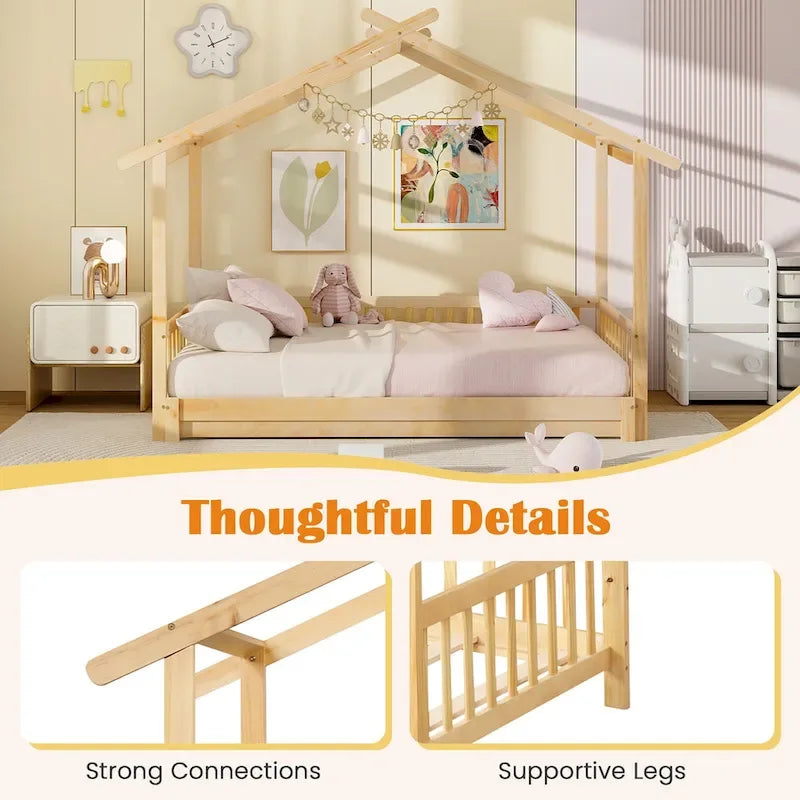 Le lit cabane en bois peut être transformé d'un lit simple en un canapé-lit king-size, avec des barrières de sécurité et des éléments décoratifs.