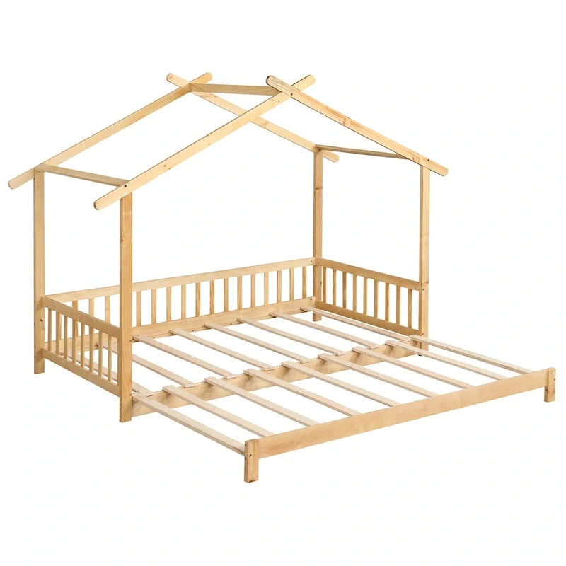 Le lit cabane en bois peut être transformé d'un lit simple en un canapé-lit king-size, avec des barrières de sécurité et des éléments décoratifs.