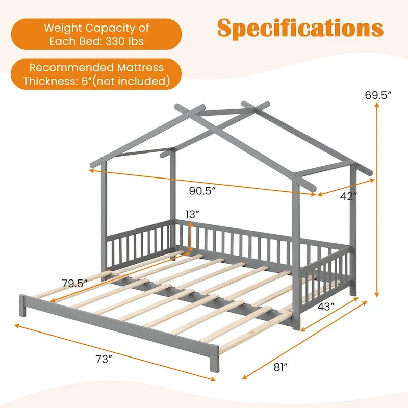 Le lit cabane en bois peut être transformé d'un lit simple en un canapé-lit king-size, avec des barrières de sécurité et des éléments décoratifs.