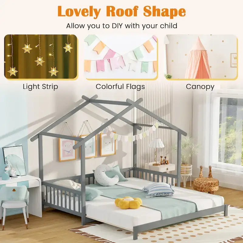 Le lit cabane en bois peut être transformé d'un lit simple en un canapé-lit king-size, avec des barrières de sécurité et des éléments décoratifs.