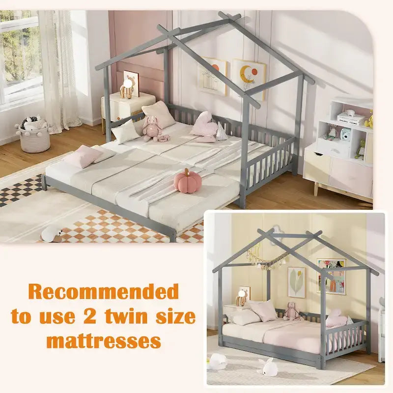 Le lit cabane en bois peut être transformé d'un lit simple en un canapé-lit king-size, avec des barrières de sécurité et des éléments décoratifs.