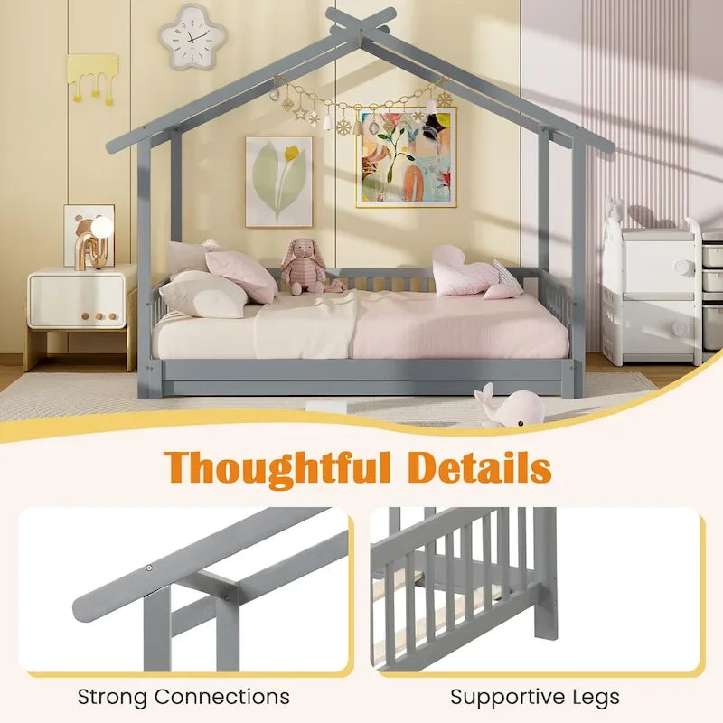 Le lit cabane en bois peut être transformé d'un lit simple en un canapé-lit king-size, avec des barrières de sécurité et des éléments décoratifs.