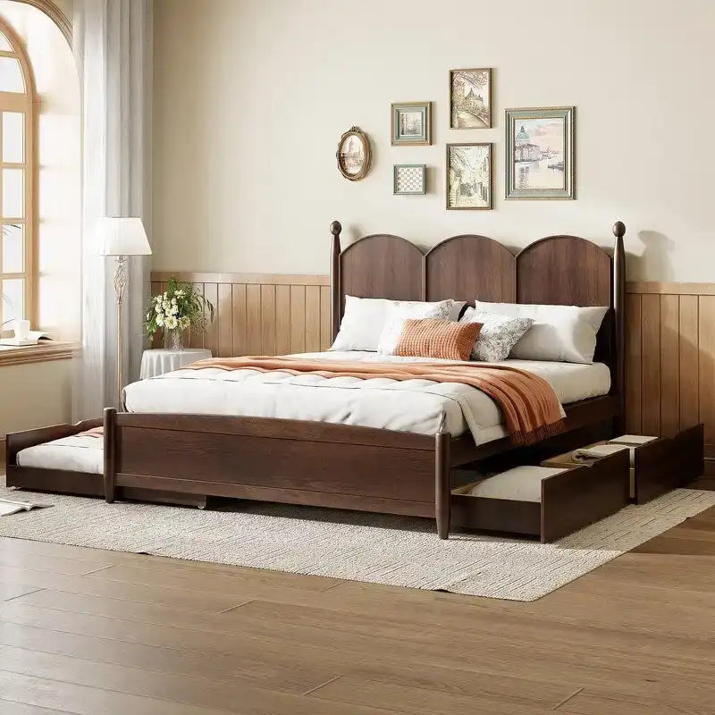 Lit plateforme Queen size avec tête de lit vintage, cadre de lit de rangement multifonctionnel avec lit gigogne double XL et 2 tiroirs