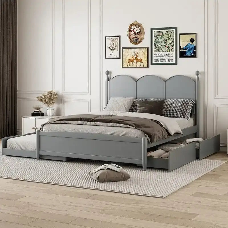 Lit plateforme Queen size avec tête de lit vintage, cadre de lit de rangement multifonctionnel avec lit gigogne double XL et 2 tiroirs