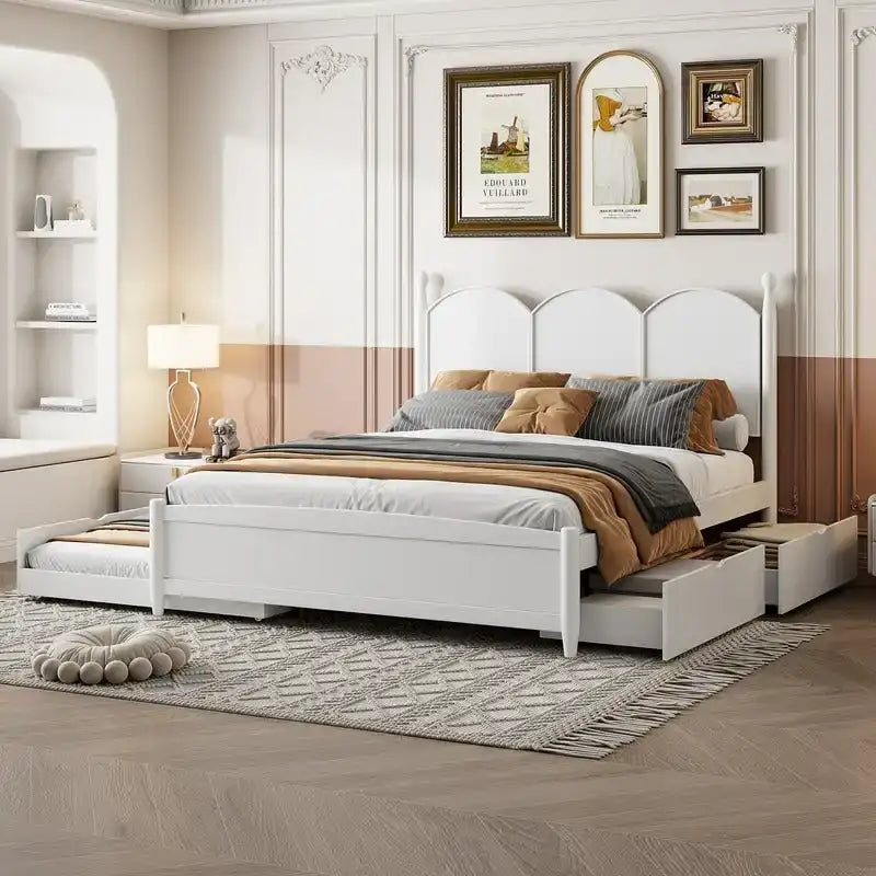 Lit plateforme Queen size avec tête de lit vintage, cadre de lit de rangement multifonctionnel avec lit gigogne double XL et 2 tiroirs