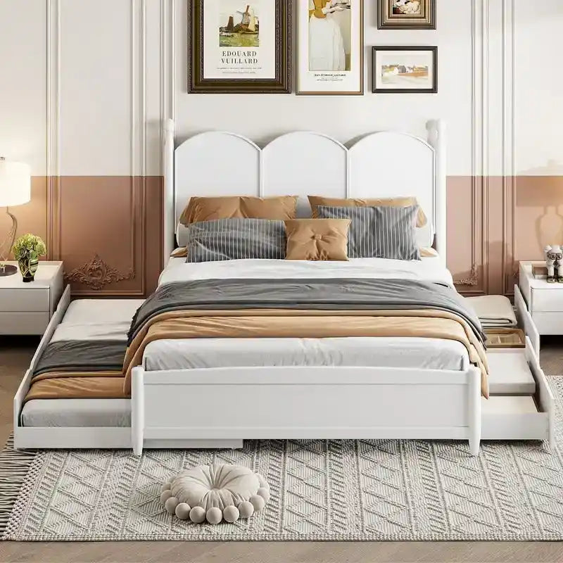 Lit plateforme Queen size avec tête de lit vintage, cadre de lit de rangement multifonctionnel avec lit gigogne double XL et 2 tiroirs