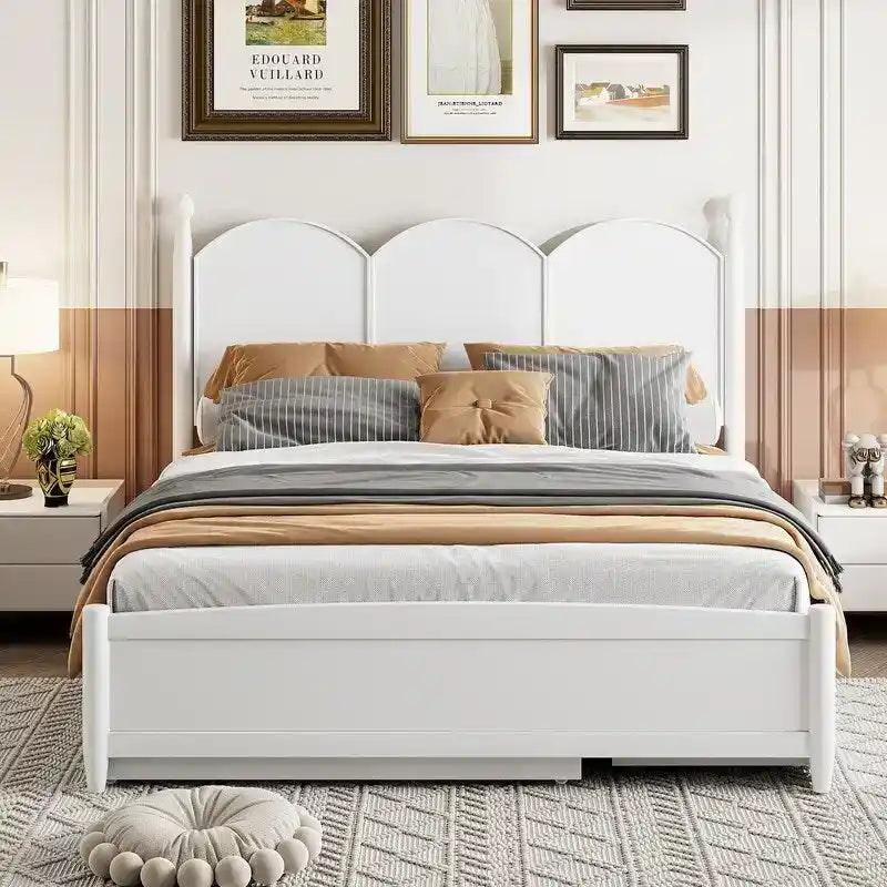Lit plateforme Queen size avec tête de lit vintage, cadre de lit de rangement multifonctionnel avec lit gigogne double XL et 2 tiroirs