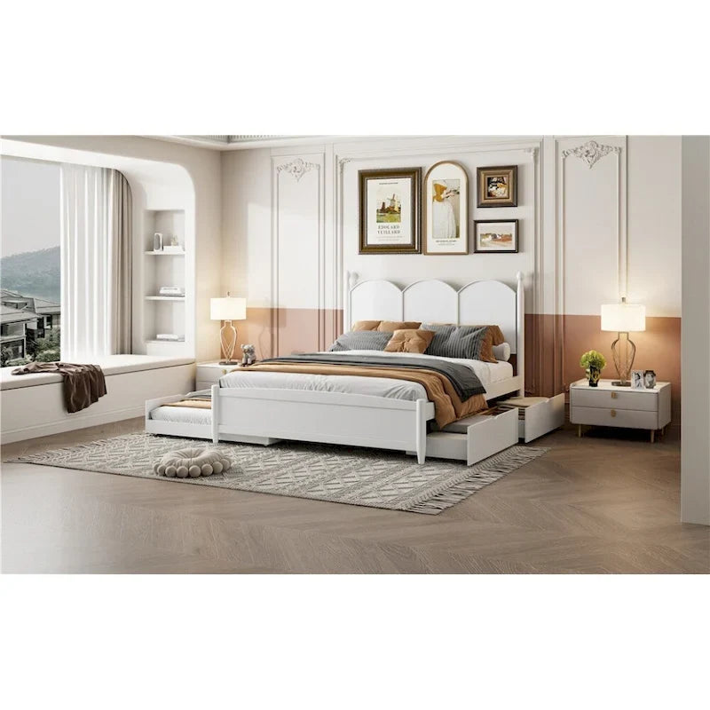 Lit plateforme Queen size avec tête de lit vintage, cadre de lit de rangement multifonctionnel avec lit gigogne double XL et 2 tiroirs