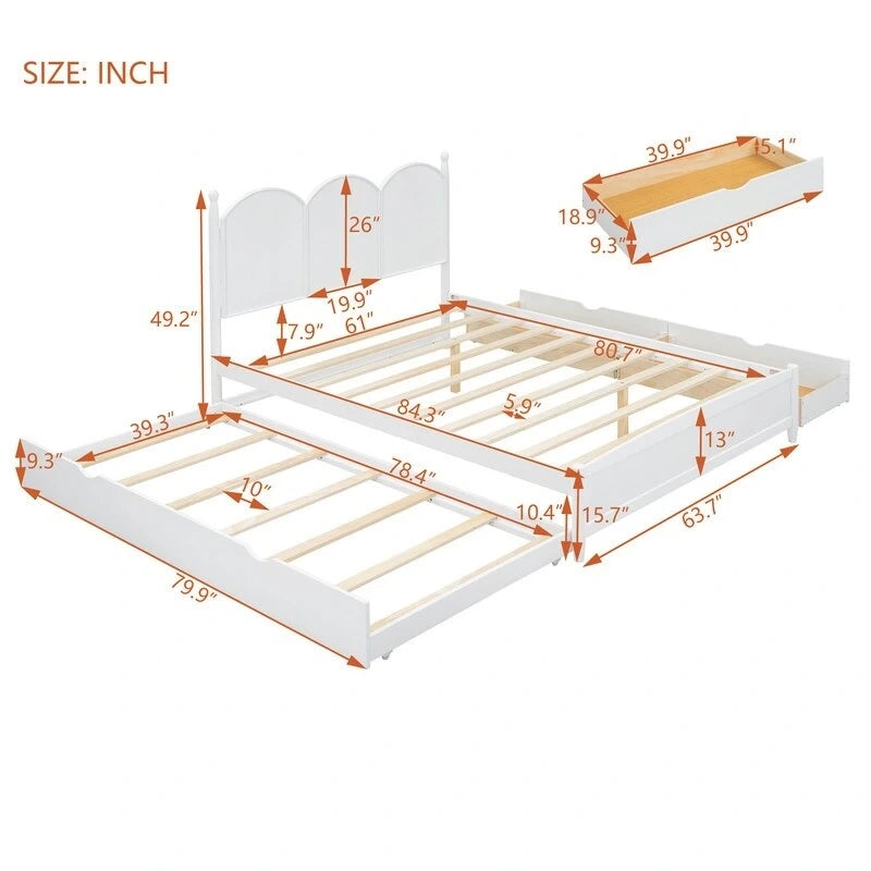 Lit plateforme Queen size avec tête de lit vintage, cadre de lit de rangement multifonctionnel avec lit gigogne double XL et 2 tiroirs