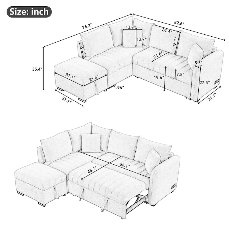 Canapé-lit d'angle escamotable en forme de L avec port USB, prise de courant et pouf de rangement mobile.
