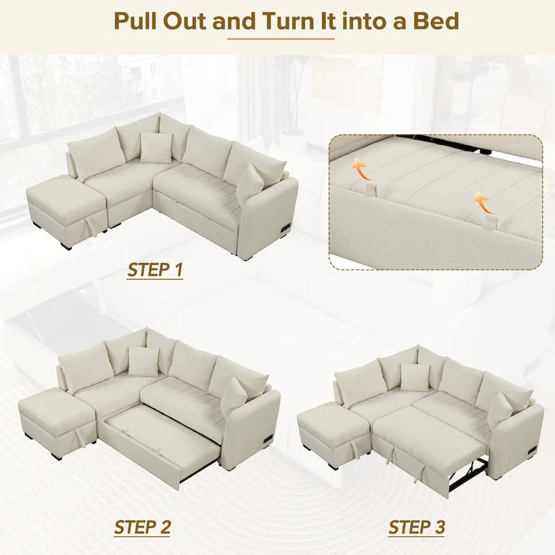 Canapé-lit d'angle escamotable en forme de L avec port USB, prise de courant et pouf de rangement mobile.