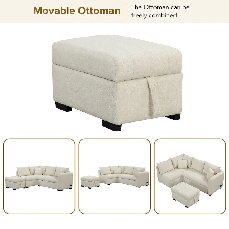 Canapé-lit d'angle escamotable en forme de L avec port USB, prise de courant et pouf de rangement mobile.