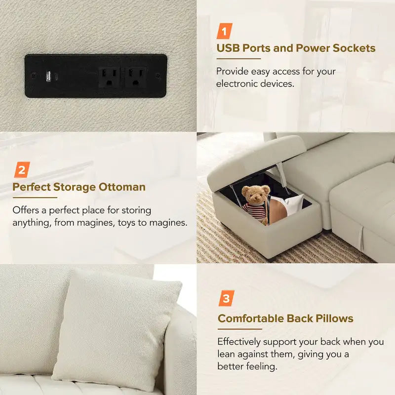 Canapé-lit d'angle escamotable en forme de L avec port USB, prise de courant et pouf de rangement mobile.