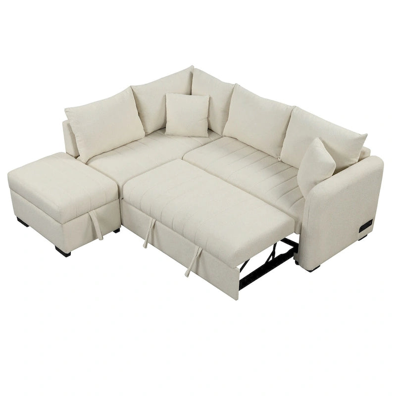 Canapé-lit d'angle escamotable en forme de L avec port USB, prise de courant et pouf de rangement mobile.