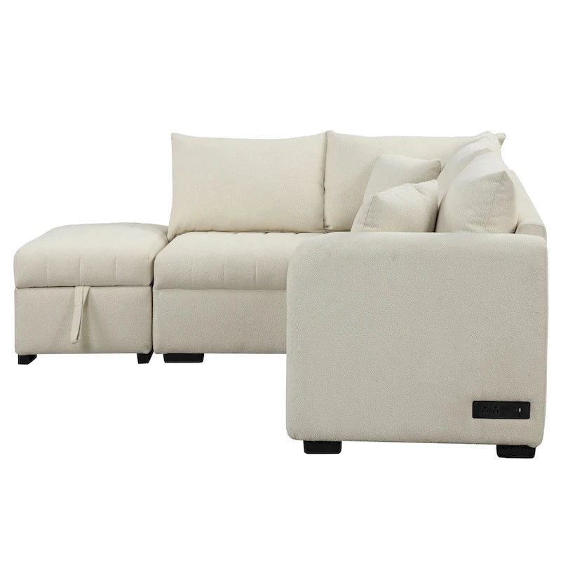 Canapé-lit d'angle escamotable en forme de L avec port USB, prise de courant et pouf de rangement mobile.