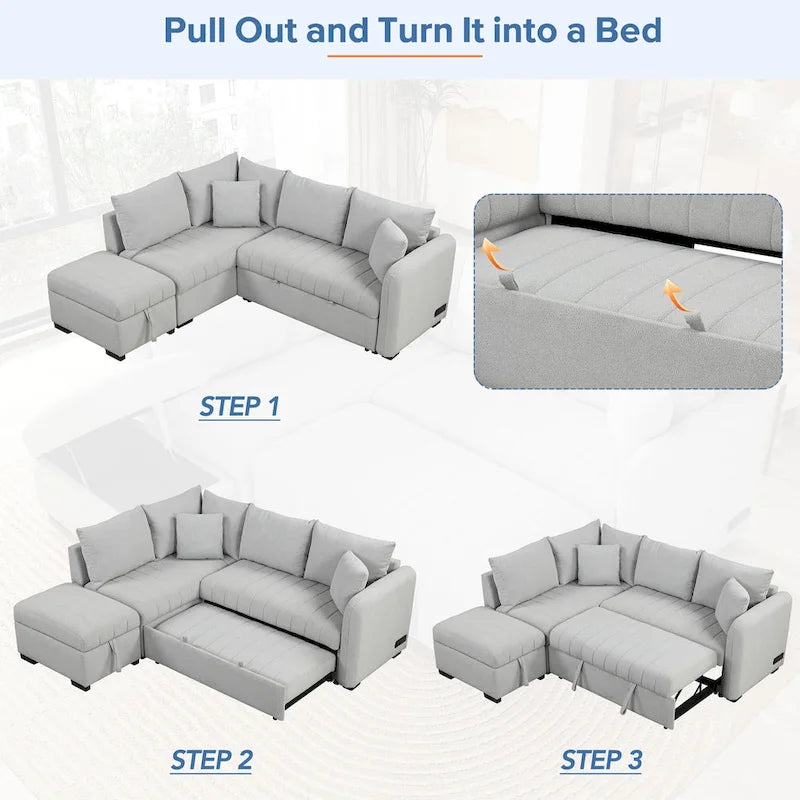 Canapé-lit d'angle escamotable en forme de L avec port USB, prise de courant et pouf de rangement mobile.