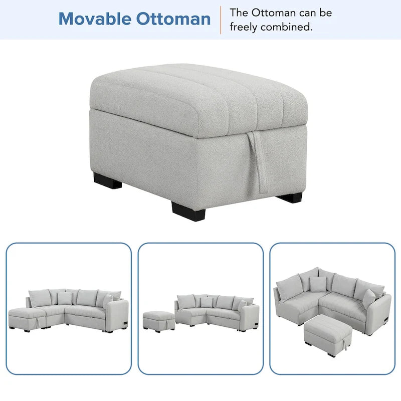 Canapé-lit d'angle escamotable en forme de L avec port USB, prise de courant et pouf de rangement mobile.