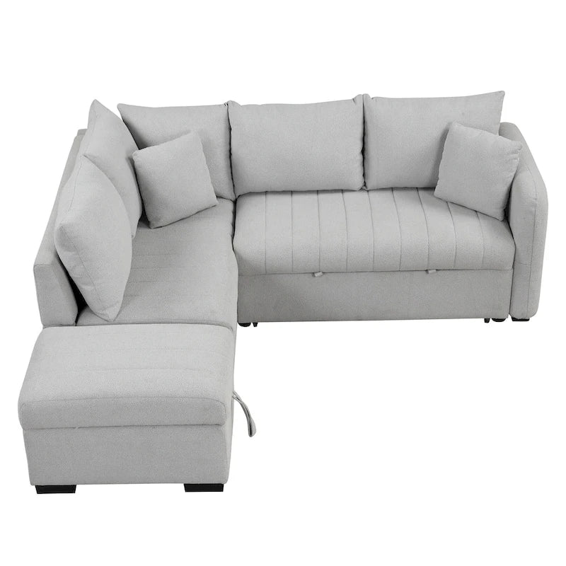 Canapé-lit d'angle escamotable en forme de L avec port USB, prise de courant et pouf de rangement mobile.