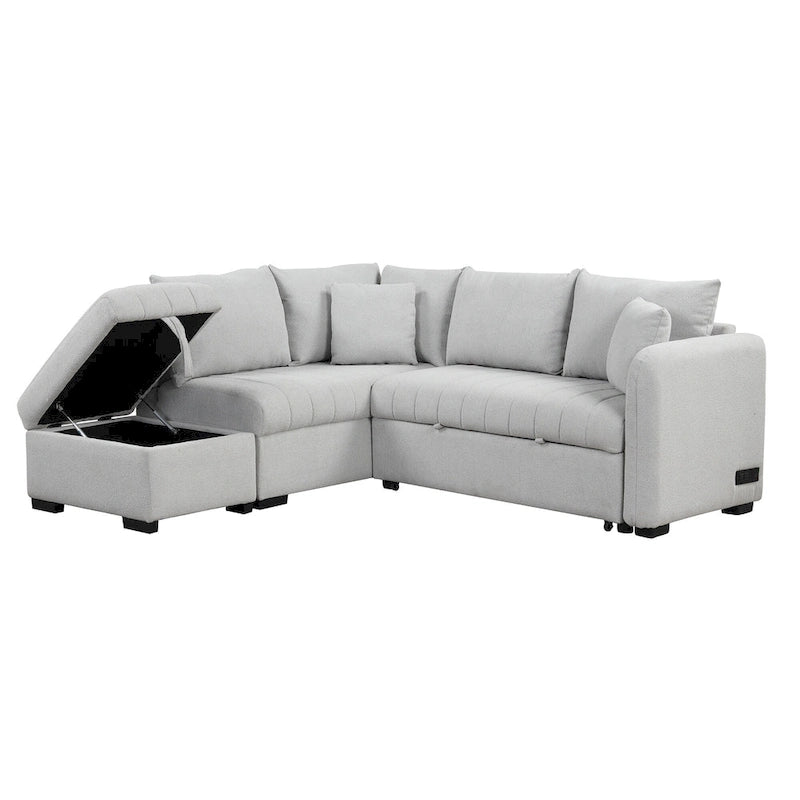 Canapé-lit d'angle escamotable en forme de L avec port USB, prise de courant et pouf de rangement mobile.