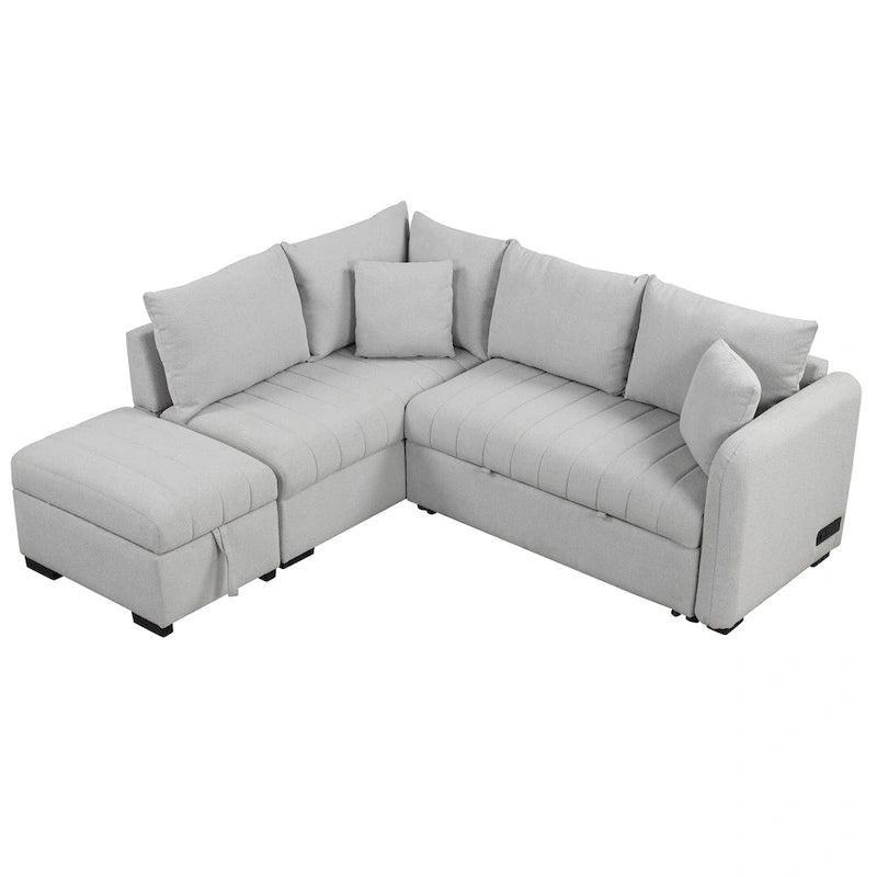 Canapé-lit d'angle escamotable en forme de L avec port USB, prise de courant et pouf de rangement mobile.