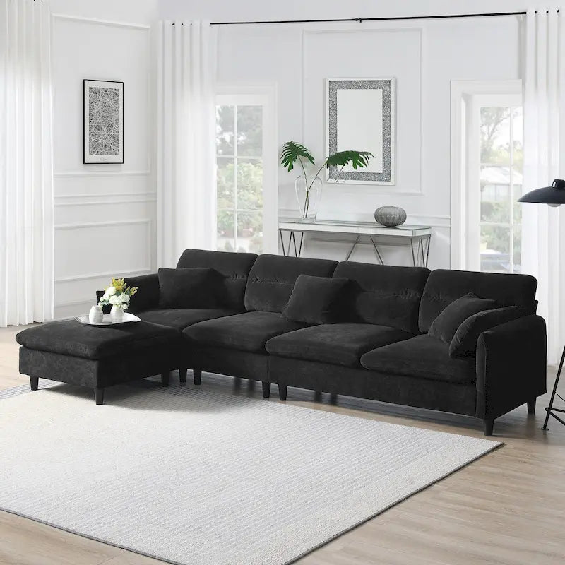 Canapé d'angle en L 5 places avec pouf amovible, revêtement en chenille Cloud et 5 coussins