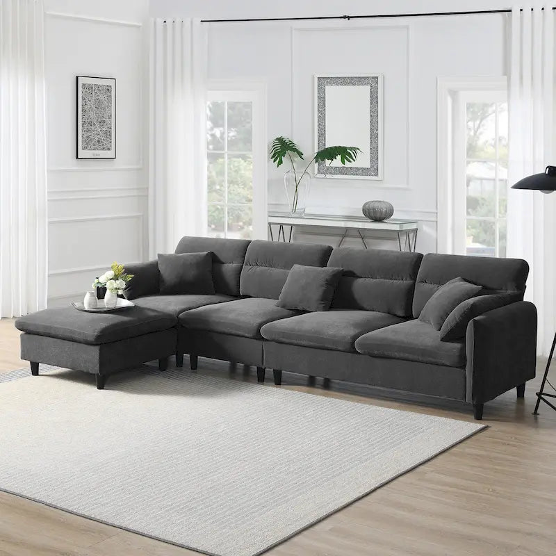 Canapé d'angle en L 5 places avec pouf amovible, revêtement en chenille Cloud et 5 coussins