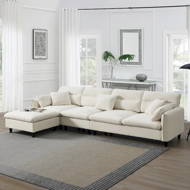 Canapé d'angle en L 5 places avec pouf amovible, revêtement en chenille Cloud et 5 coussins