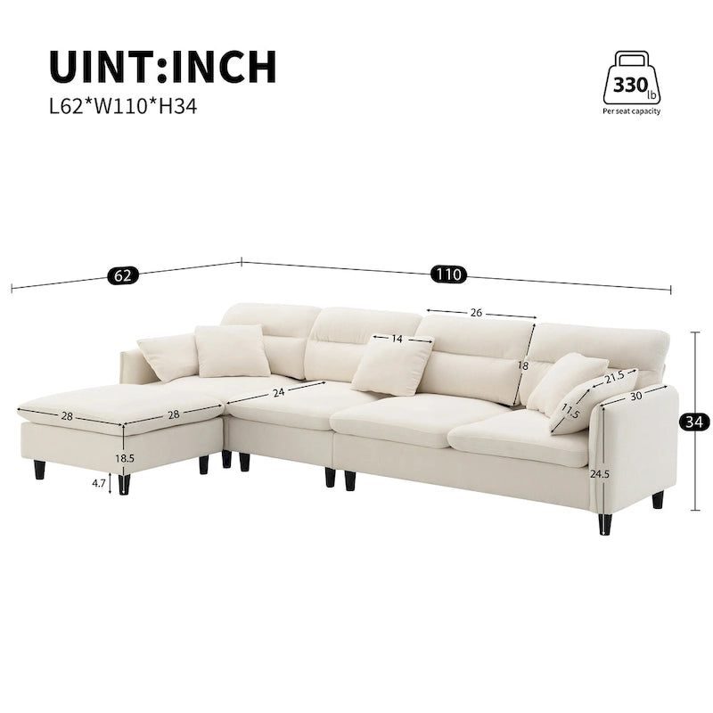 Canapé d'angle en L 5 places avec pouf amovible, revêtement en chenille Cloud et 5 coussins