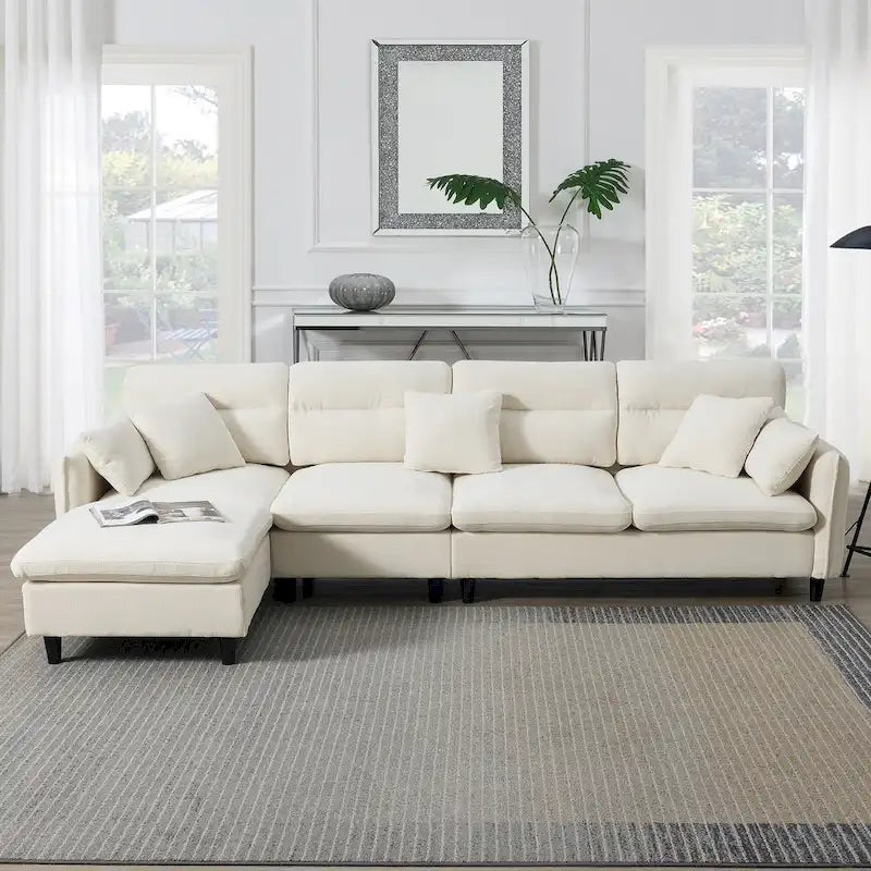 Canapé d'angle en L 5 places avec pouf amovible, revêtement en chenille Cloud et 5 coussins