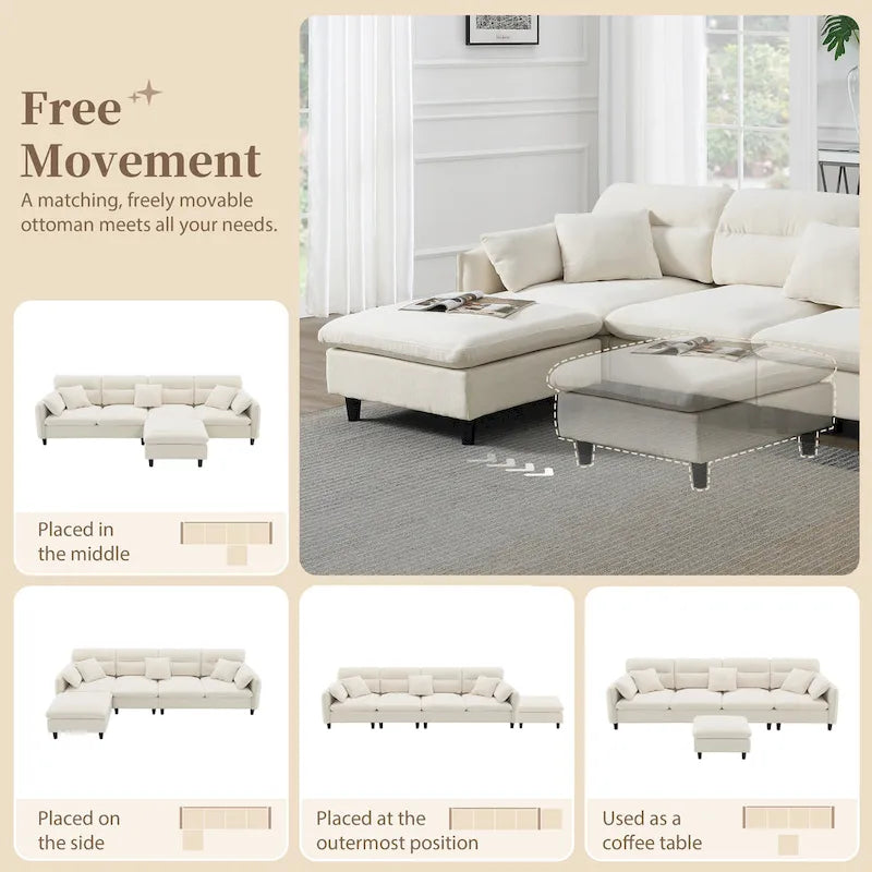 Canapé d'angle en L 5 places avec pouf amovible, revêtement en chenille Cloud et 5 coussins