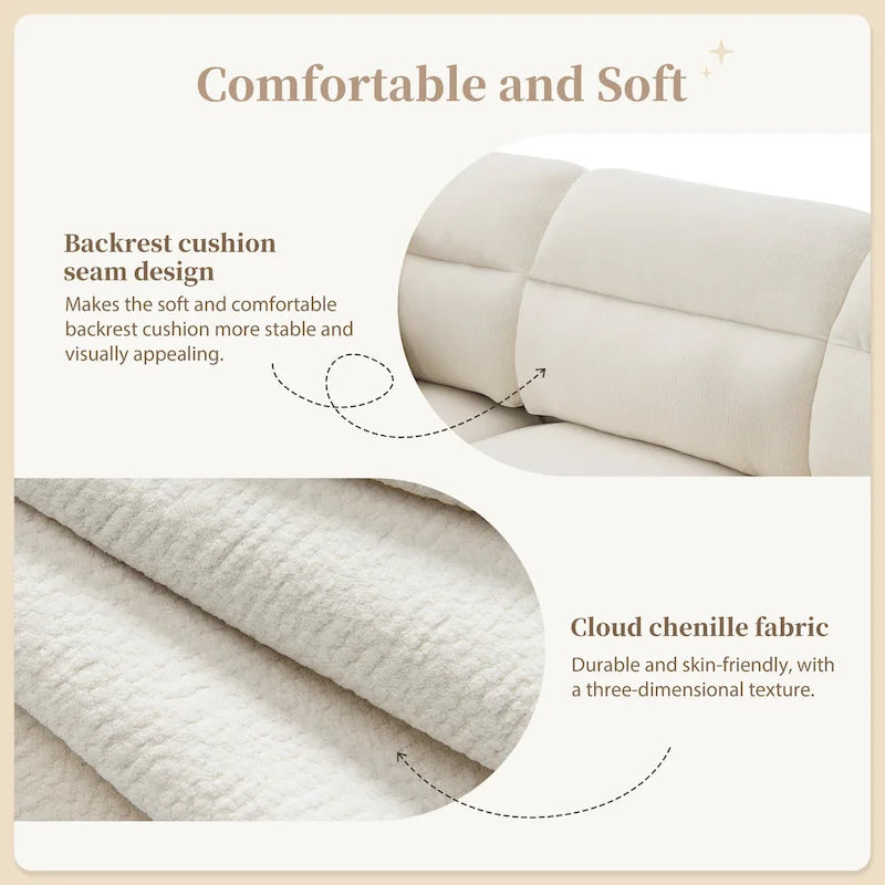 Canapé d'angle en L 5 places avec pouf amovible, revêtement en chenille Cloud et 5 coussins