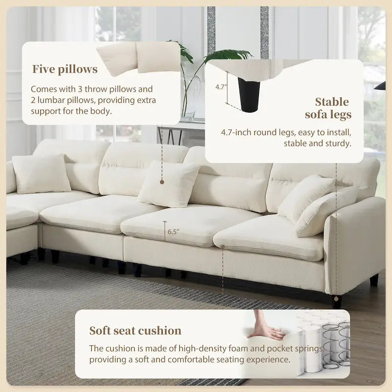 Canapé d'angle en L 5 places avec pouf amovible, revêtement en chenille Cloud et 5 coussins