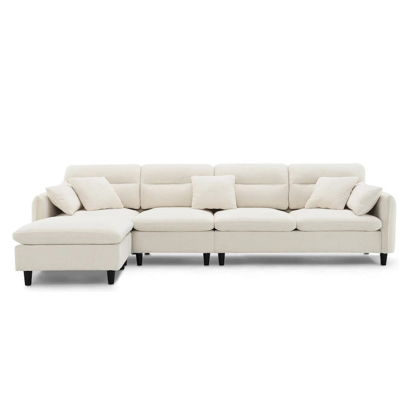 Canapé d'angle en L 5 places avec pouf amovible, revêtement en chenille Cloud et 5 coussins