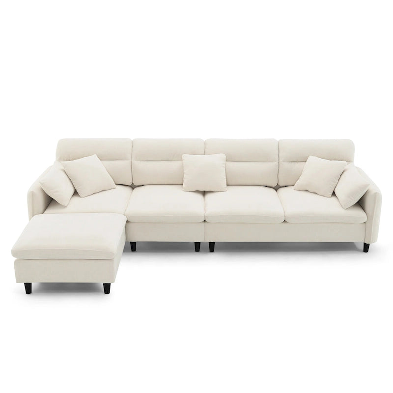 Canapé d'angle en L 5 places avec pouf amovible, revêtement en chenille Cloud et 5 coussins