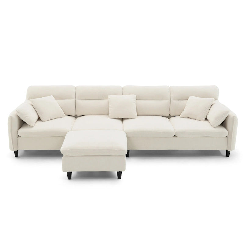 Canapé d'angle en L 5 places avec pouf amovible, revêtement en chenille Cloud et 5 coussins