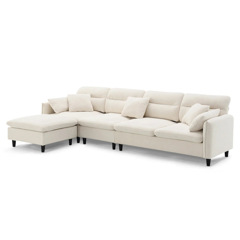 Canapé d'angle en L 5 places avec pouf amovible, revêtement en chenille Cloud et 5 coussins